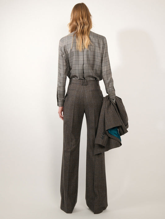 Pantalon flare en flanelle Prince de Galles marron glacé