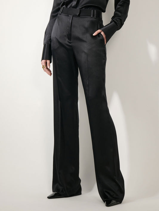 Black silk satin wide-leg trousers