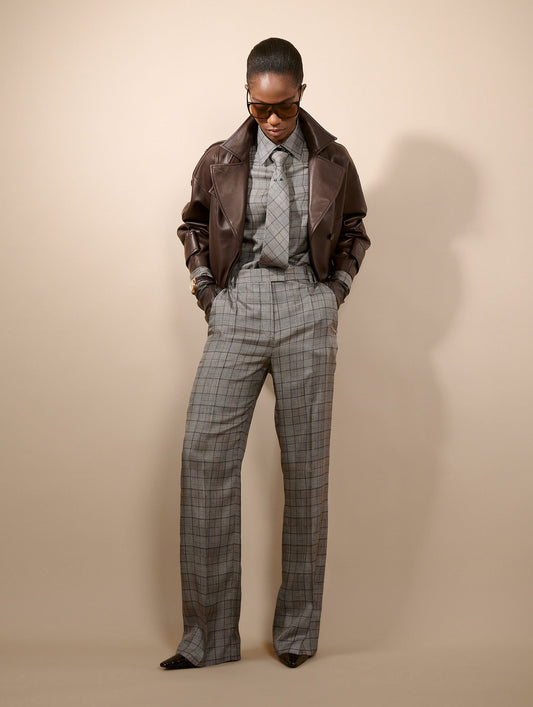 Pantalon en twill de soie Prince de Galles noir