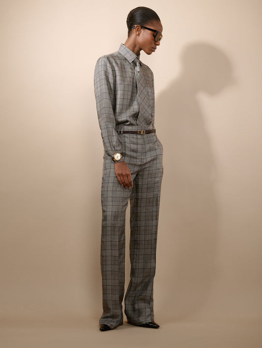 Pantalon en twill de soie Prince de Galles noir