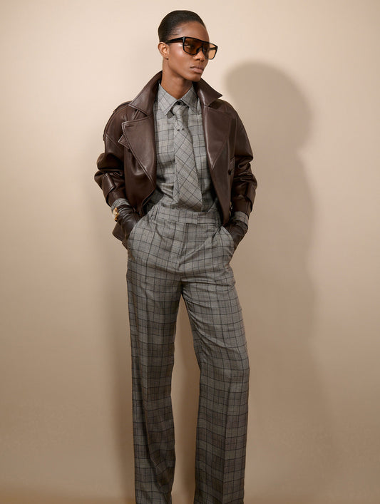 Pantalon en twill de soie Prince de Galles noir