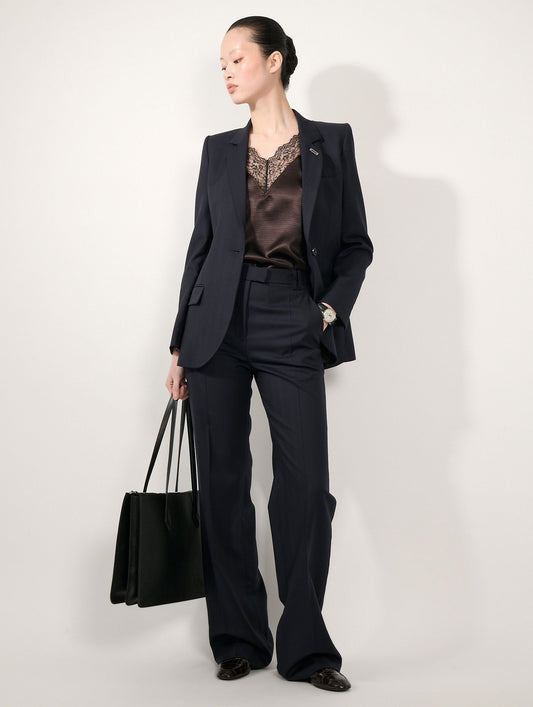 Pantalon jambes larges en jacquard chevron navy
