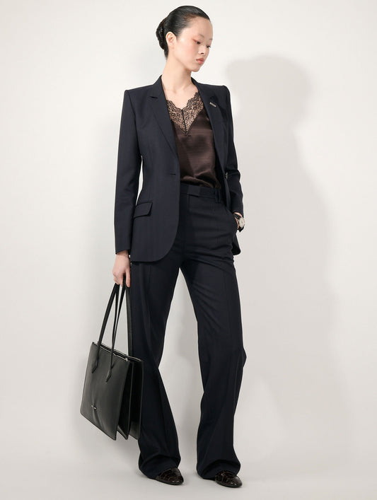 Pantalon jambes larges en jacquard chevron navy