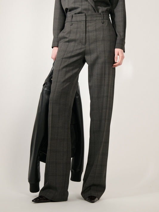 Pantalon jambes larges à carreaux taupe