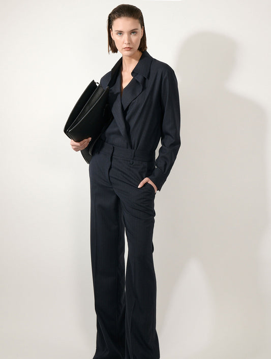 Dark navy wool cloth wide-leg trousers