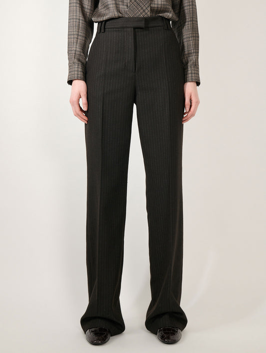 Pantalon jambes larges en flanelle rayures marron
