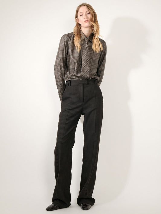 Pantalon jambes larges en flanelle rayures marron