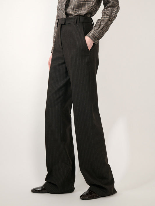 Pantalon jambes larges en flanelle rayures marron