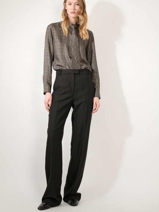 Pantalon jambes larges en flanelle rayures marron