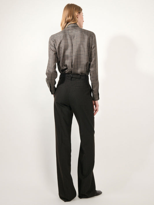 Pantalon jambes larges en flanelle rayures marron