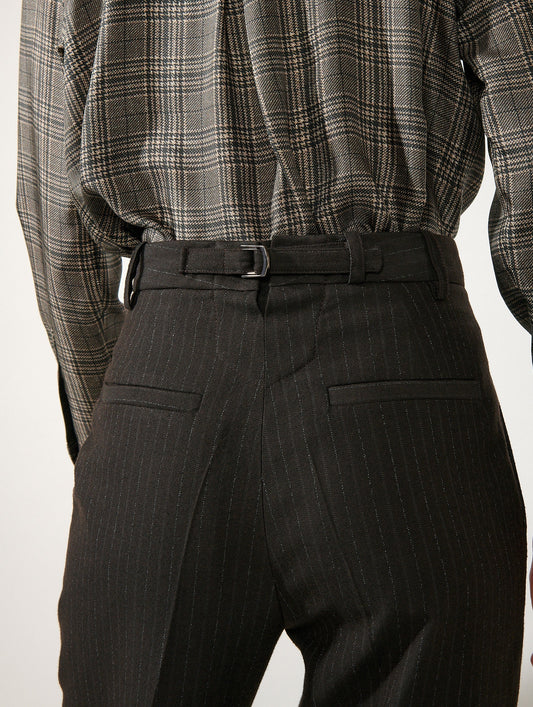 Pantalon jambes larges en flanelle rayures marron