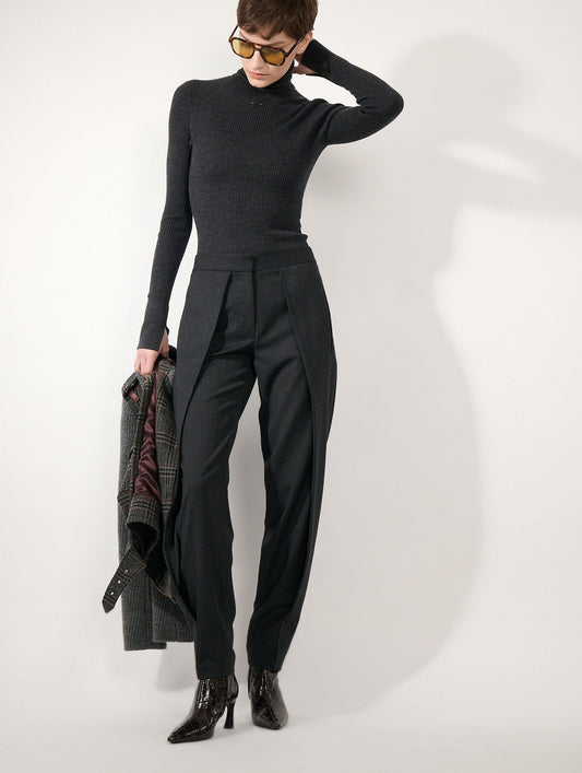 Anthracite grey herringbone pleated trousers