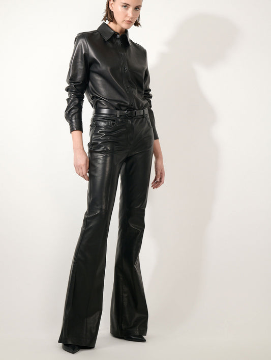 Pantalon coupe flare en cuir plongé noir