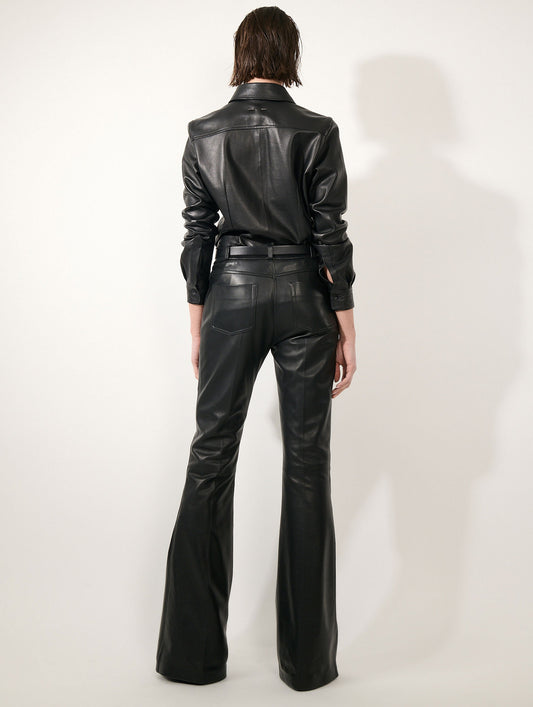 Pantalon coupe flare en cuir plongé noir