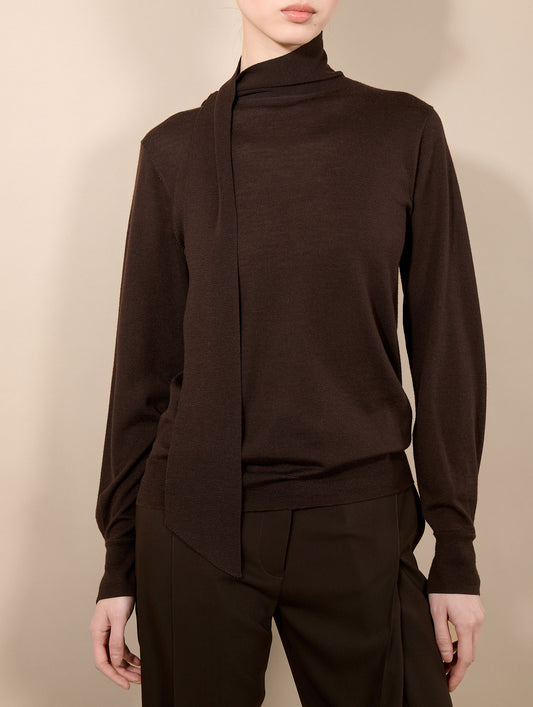 Pull col écharpe en merinos soie extrafine moka