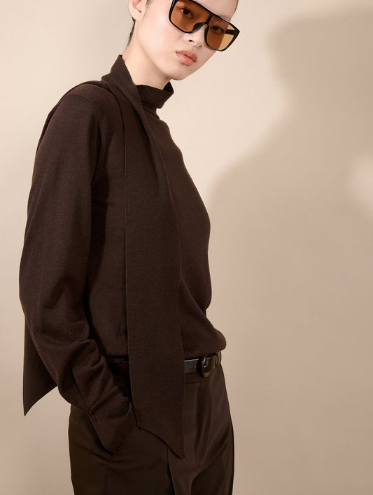 Pull col écharpe en merinos soie extrafine moka