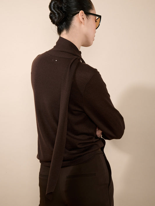 Pull col écharpe en merinos soie extrafine moka