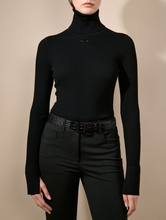 Pull à col roulé en maille mérinos noir