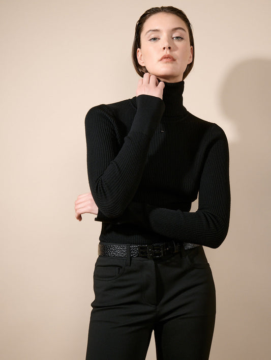 Pull à col roulé en maille mérinos noir