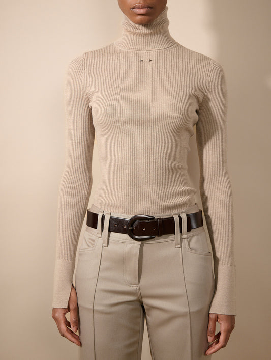 Pull à col roulé en maille mérinos sable