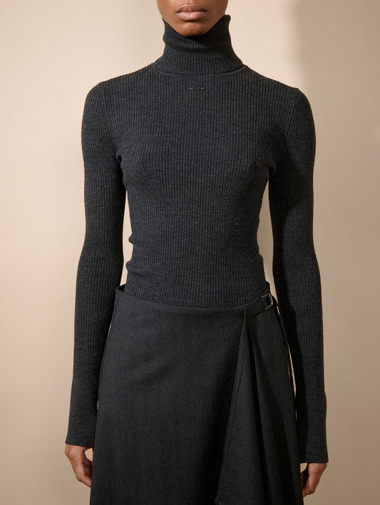 Pull à col roulé en maille mérinos anthracite