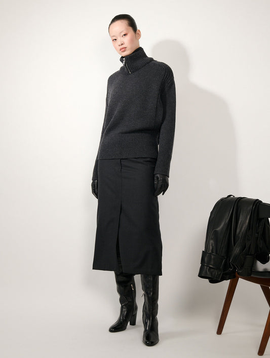 Pull à col amovible en maille mérinos anthracite