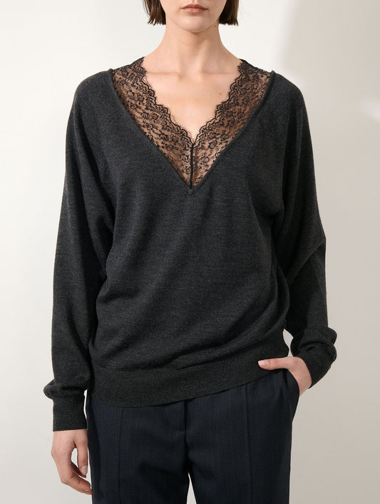 Pull col V dentelle en laine mérinos anthracite