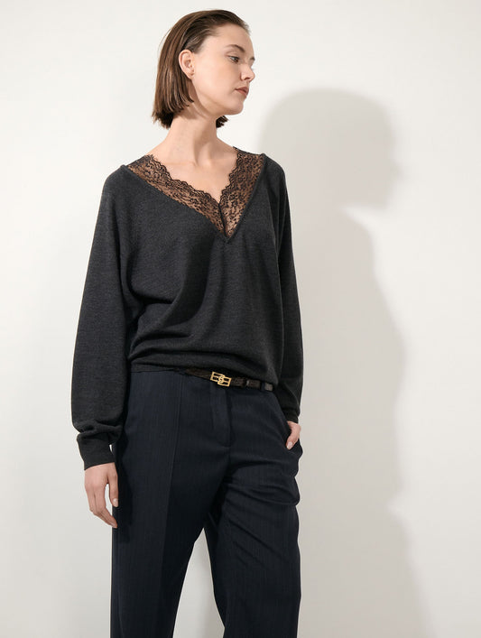 Pull col V dentelle en laine mérinos anthracite