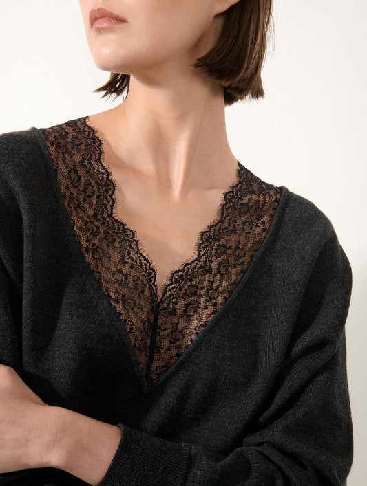 Pull col V dentelle en laine mérinos anthracite