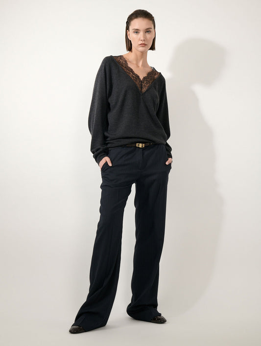 Pull col V dentelle en laine mérinos anthracite