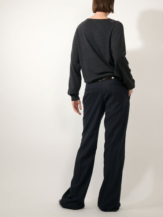 Pull col V dentelle en laine mérinos anthracite