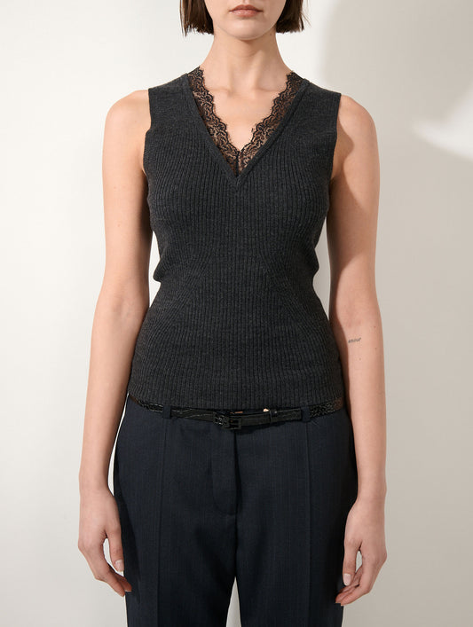 Débardeur col dentelle en laine mérinos anthracite