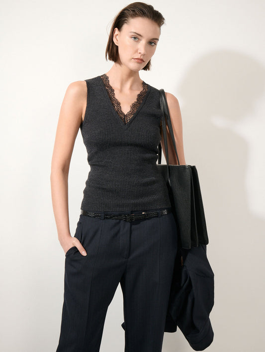 Débardeur col dentelle en laine mérinos anthracite