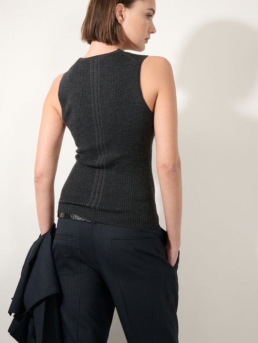 Débardeur col dentelle en laine mérinos anthracite