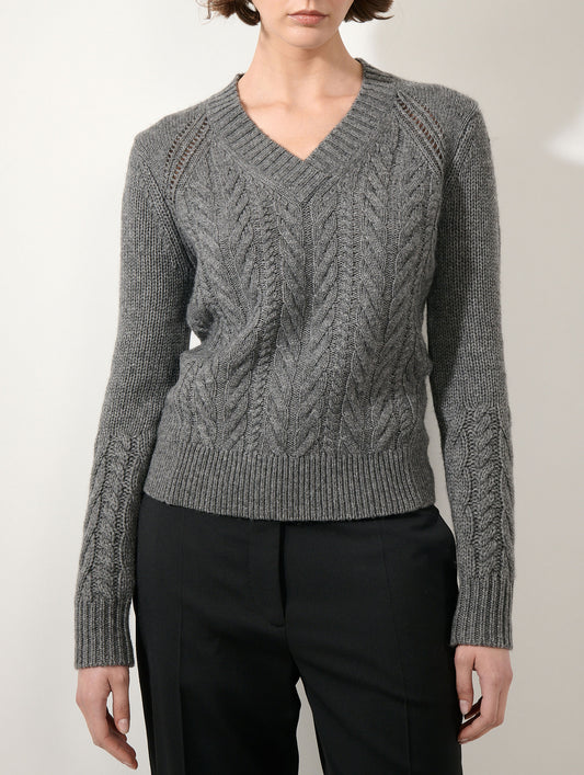 Pull torsadé en laine yak cachemire gris chiné