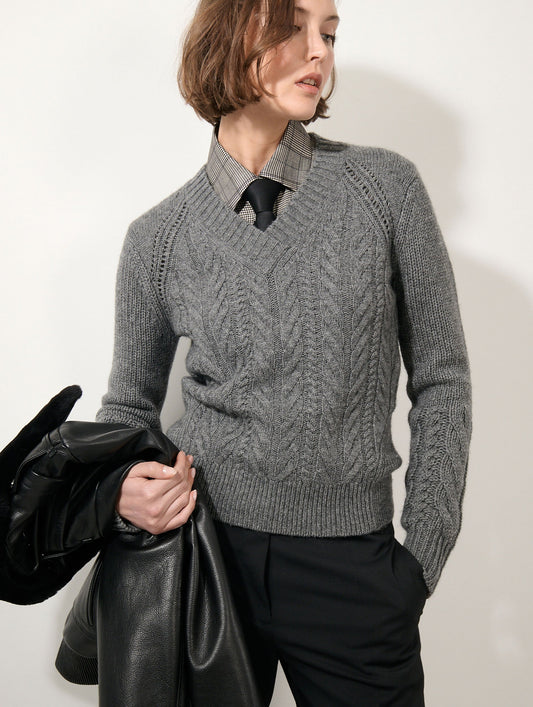 Pull torsadé en laine yak cachemire gris chiné