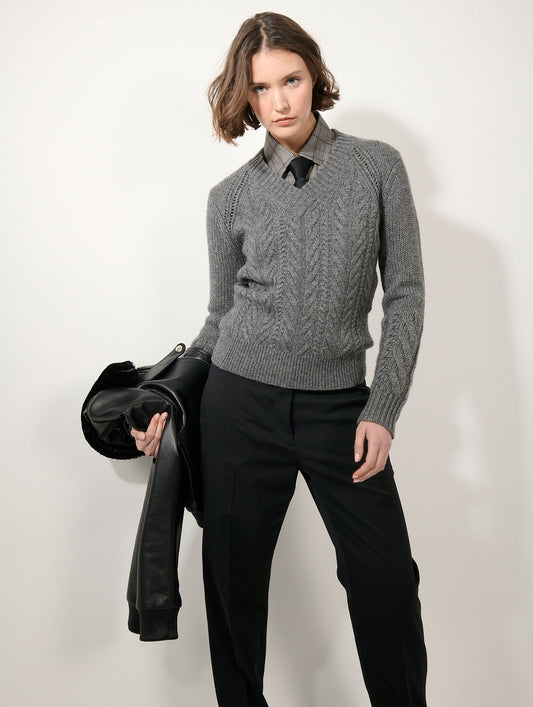 Pull torsadé en laine yak cachemire gris chiné