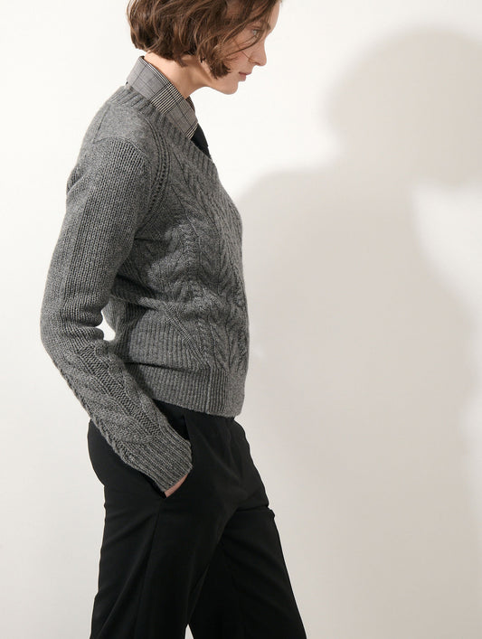Pull torsadé en laine yak cachemire gris chiné