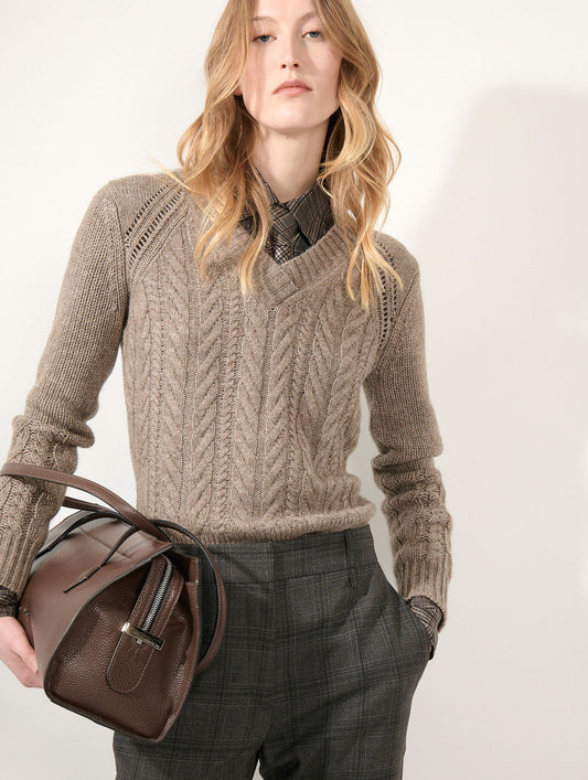 Pull torsadé en laine yak cachemire noisette