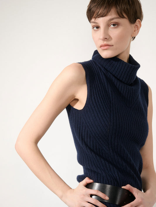 Pull sans manches en laine et cachemire navy
