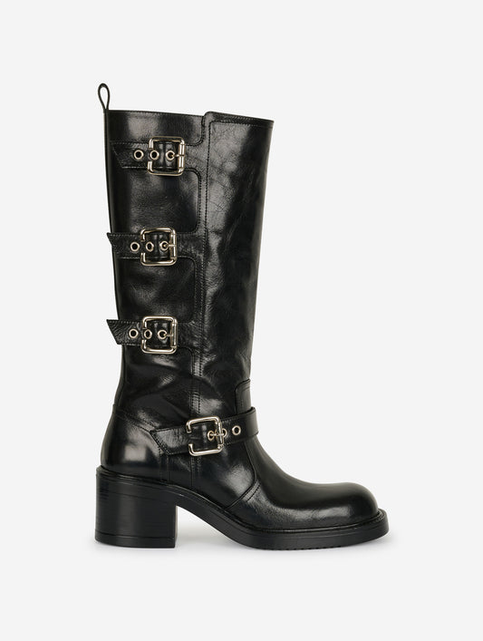 Bottes multiboucles en cuir vintage noir