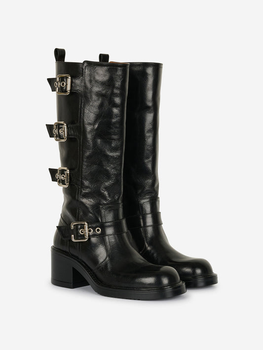 Bottes multiboucles en cuir vintage noir