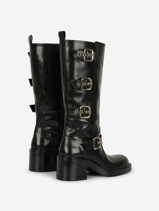 Bottes multiboucles en cuir vintage noir