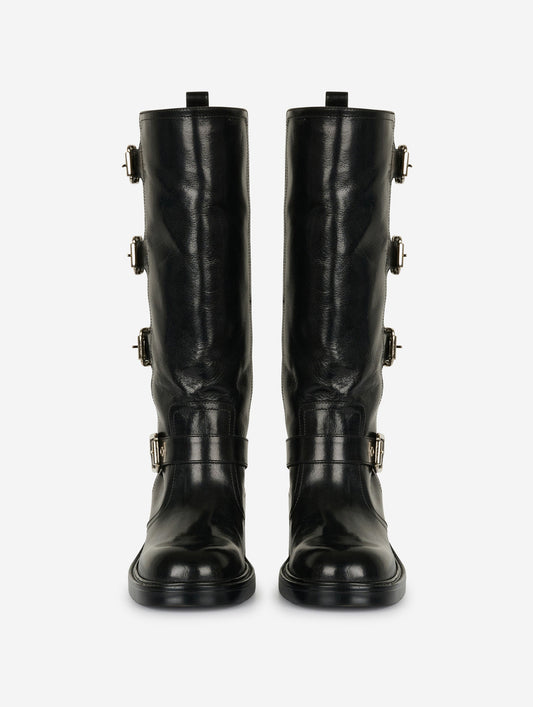 Bottes multiboucles en cuir vintage noir