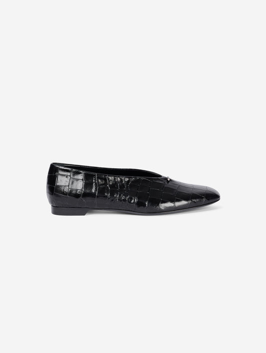 Black embossed leather ballet flats
