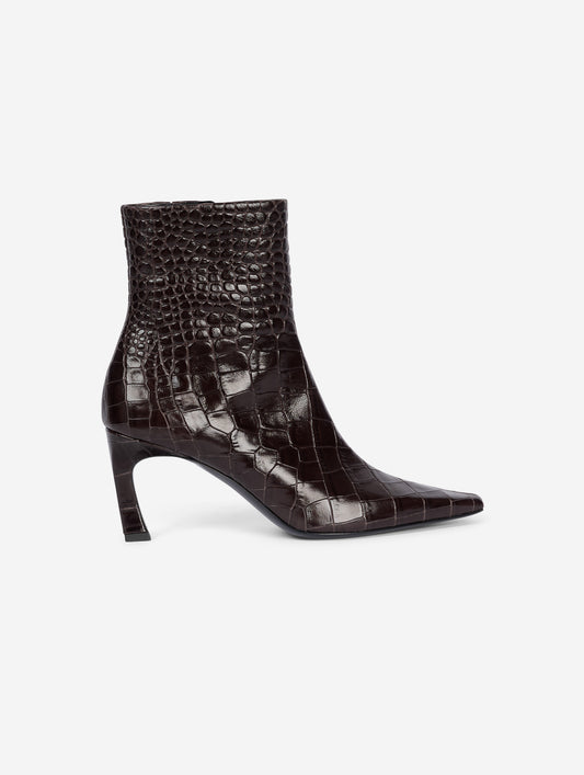 Brown embossed leather zip-up comma-heel ankle boots