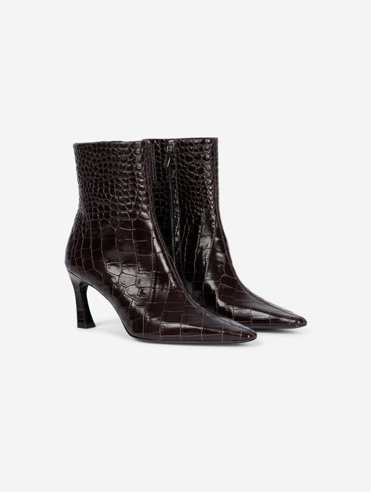 Brown embossed leather zip-up comma-heel ankle boots