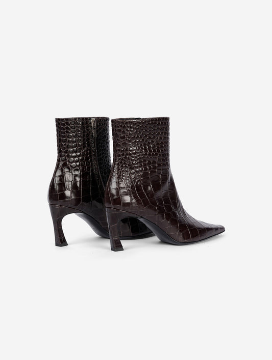 Brown embossed leather zip-up comma-heel ankle boots
