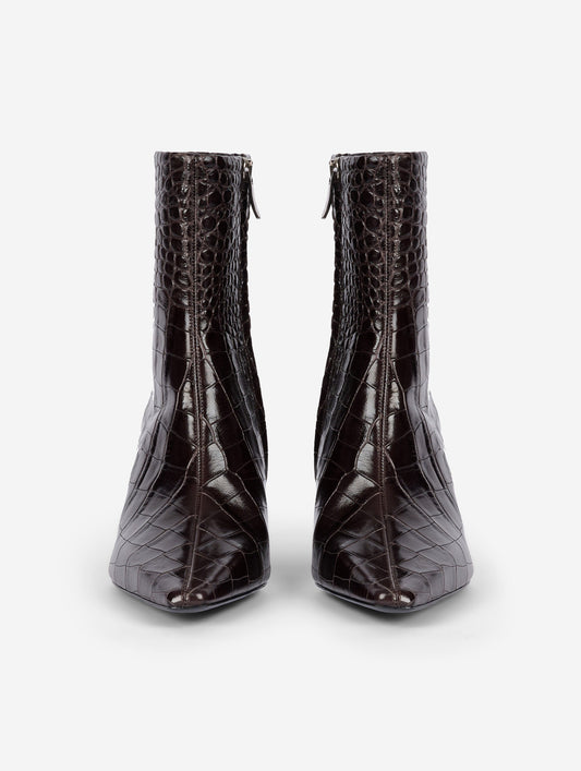Brown embossed leather zip-up comma-heel ankle boots