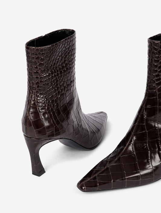 Brown embossed leather zip-up comma-heel ankle boots